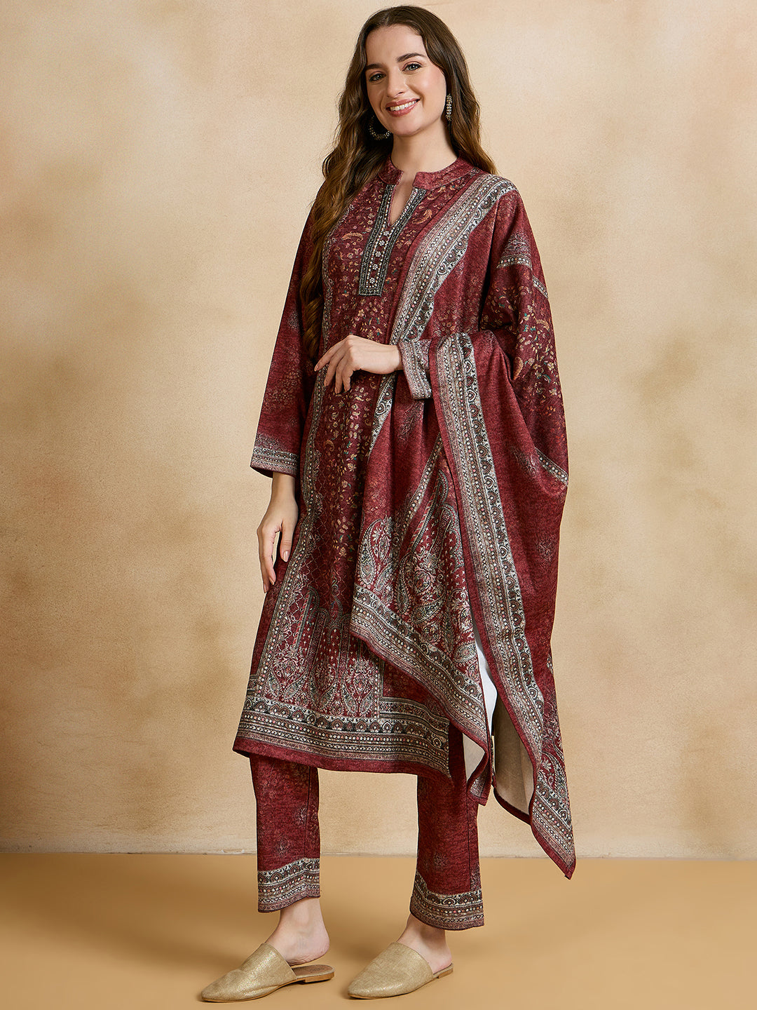 Clapton Printed Work Straight Kurta Pant With Dupatta Set Maroon