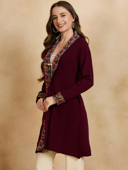 Women's Maroon Embroidered Sleeves, Floral Pattern, Winter Wear, Open Neck Shrug