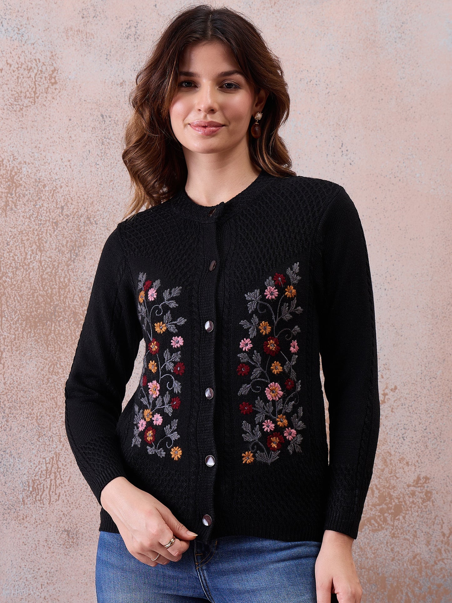 Women’s Floral Embroidered Button-Front Knit Cardigan Black