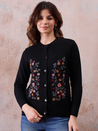 Women’s Floral Embroidered Button-Front Knit Cardigan Black