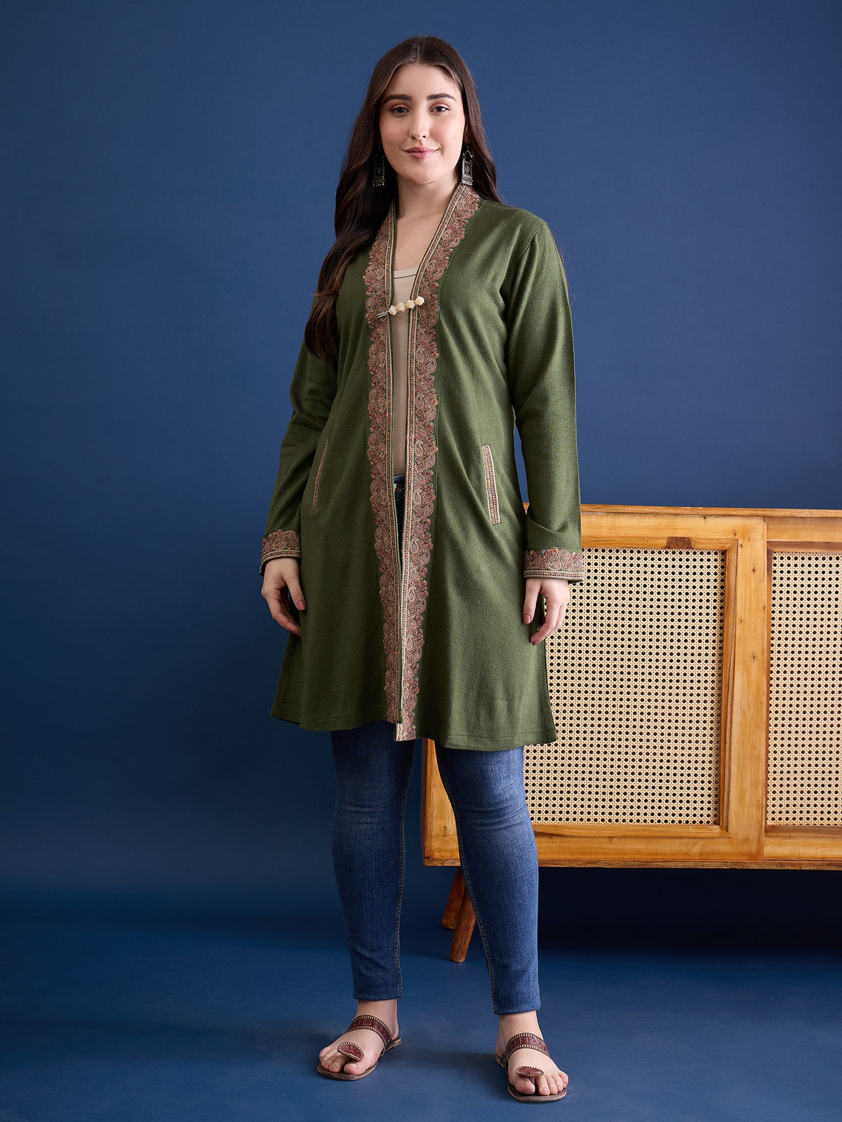clapton MEHNDI Pure Wool Long Jacket from Kashmir with Paisley Aari Embroidery on Border (Copy)