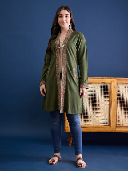 clapton MEHNDI Pure Wool Long Jacket from Kashmir with Paisley Aari Embroidery on Border (Copy)
