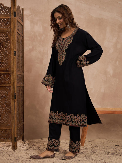 Woolen Embroidered 2-piece winter wear Kurti & Pant Set Black