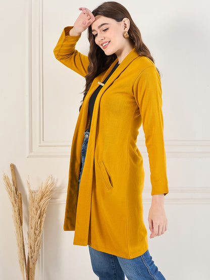 Women's Mustard Gold open neck long Sleeves, Knitted Winter Wear Shrug