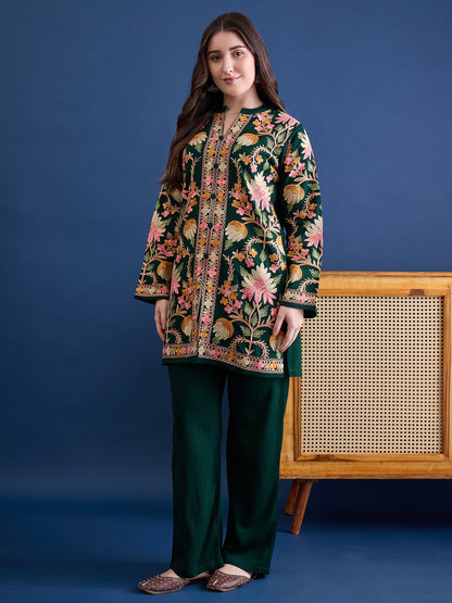 Women’S Embroidered Woolen Kurta With Straight-Fit Pants Co-Set Green