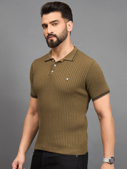 CLAPTON Men Knitted Polo Collar T-shirt  Mehndi