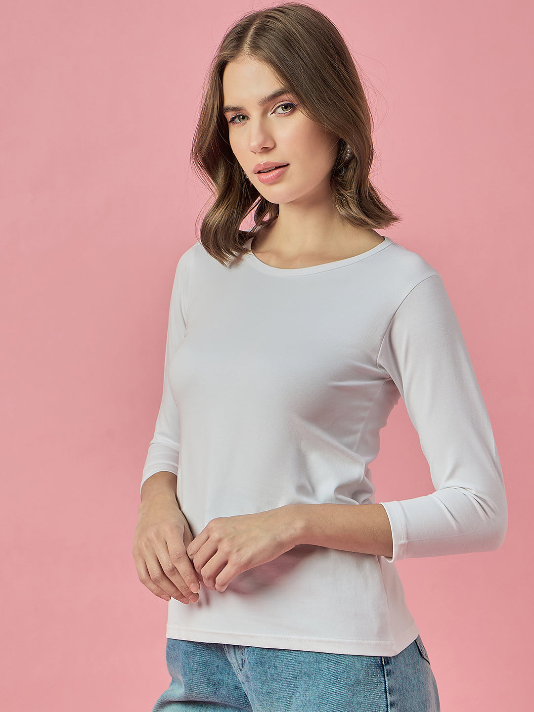 Clapton Crew Neck Tees Candy Cotton Lycra For Women Soild White Summer wear