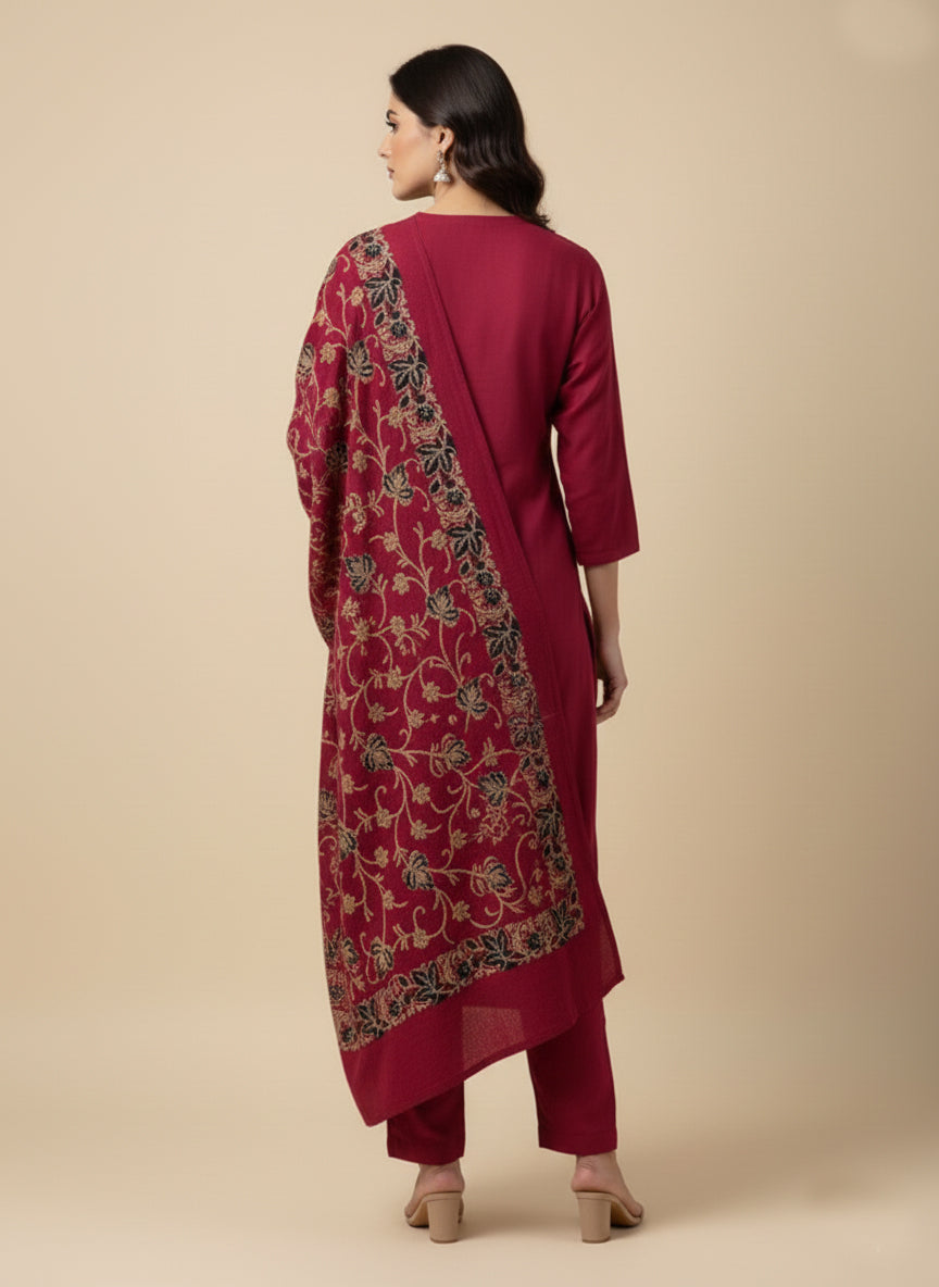 Clapton Embroidered  wool blends for winter wear Straight-fit kurta with trousers and a dupatta (shawl) Pink