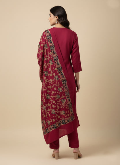 Clapton Embroidered  wool blends for winter wear Straight-fit kurta with trousers and a dupatta (shawl) Pink