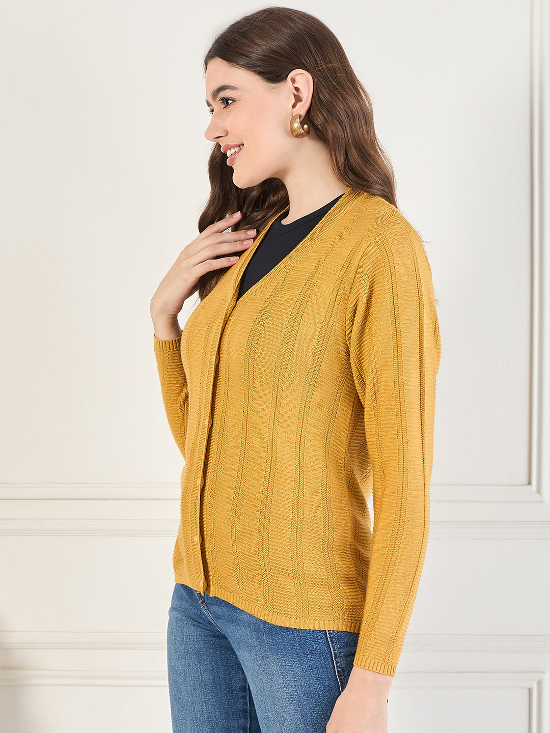 Wool Blend Round Neck cardigan Mustard