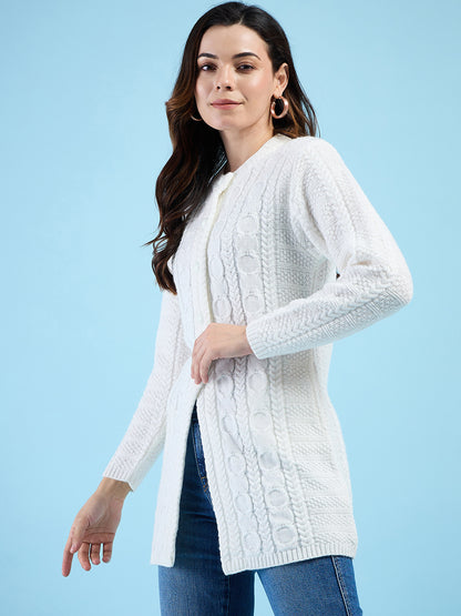 Clapton Cable Knit  Design Woolen  Longline Cardigan Sweater for women and Girls White