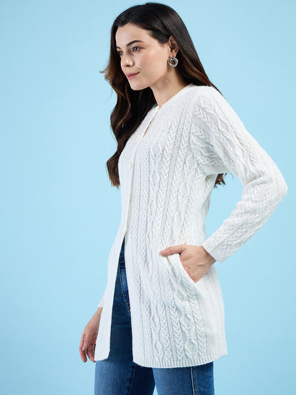 Clapton Cable Knit  Design Woolen  Longline Cardigan Sweater for women and Girls White