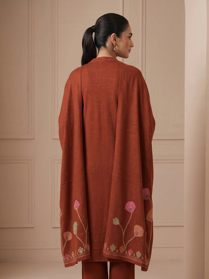 Woolen Embroidered  winter wear Kurti & Pant and Dupatta Set RUST