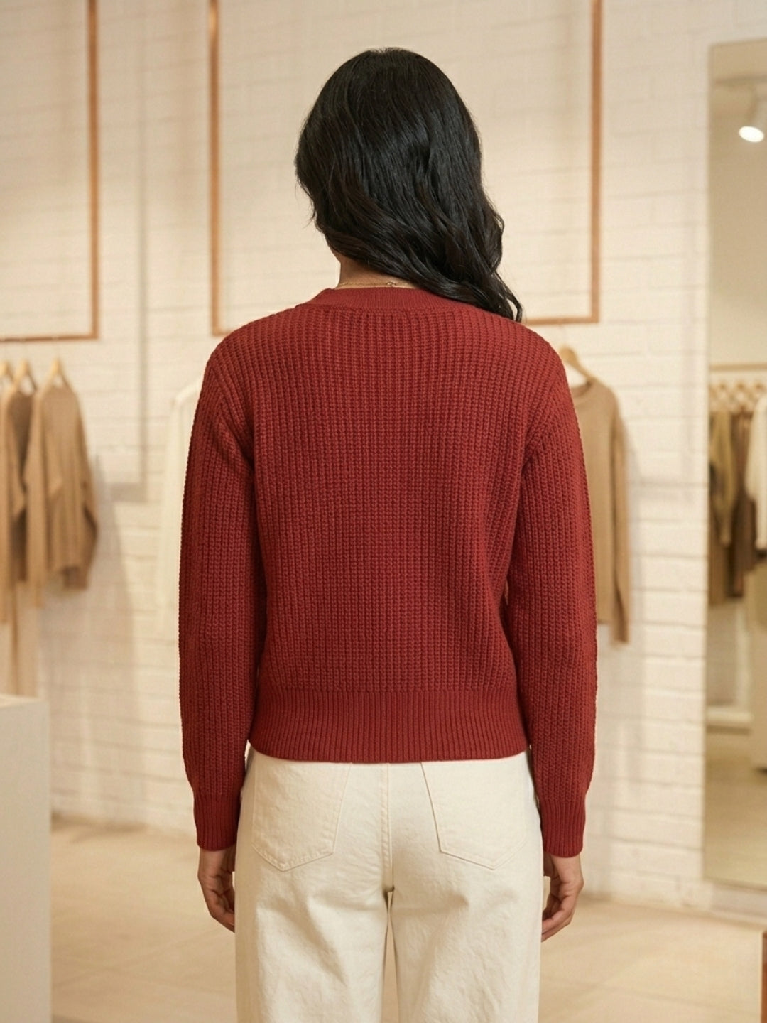 Women'S Black Knit Cardigan With Floral Embroidery, Button-Front, Round Neck, Full Sleeves Maroon
