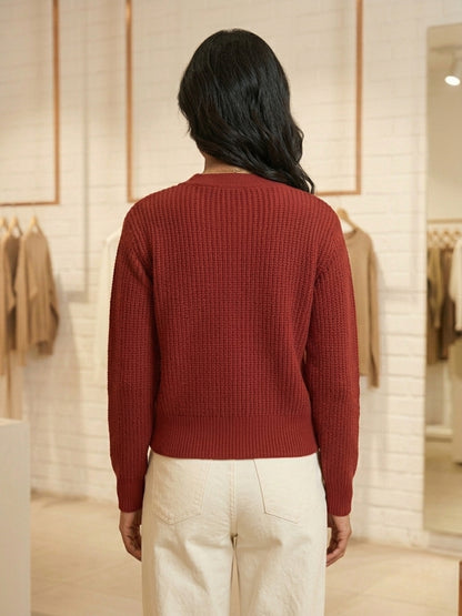 Women'S Black Knit Cardigan With Floral Embroidery, Button-Front, Round Neck, Full Sleeves Maroon