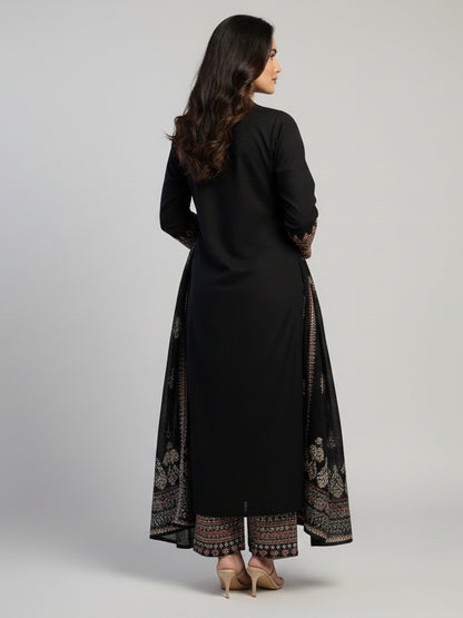 Embroidered wool blends for winter wear Straight-fit kurta with trousers and a dupatta (shawl) Black