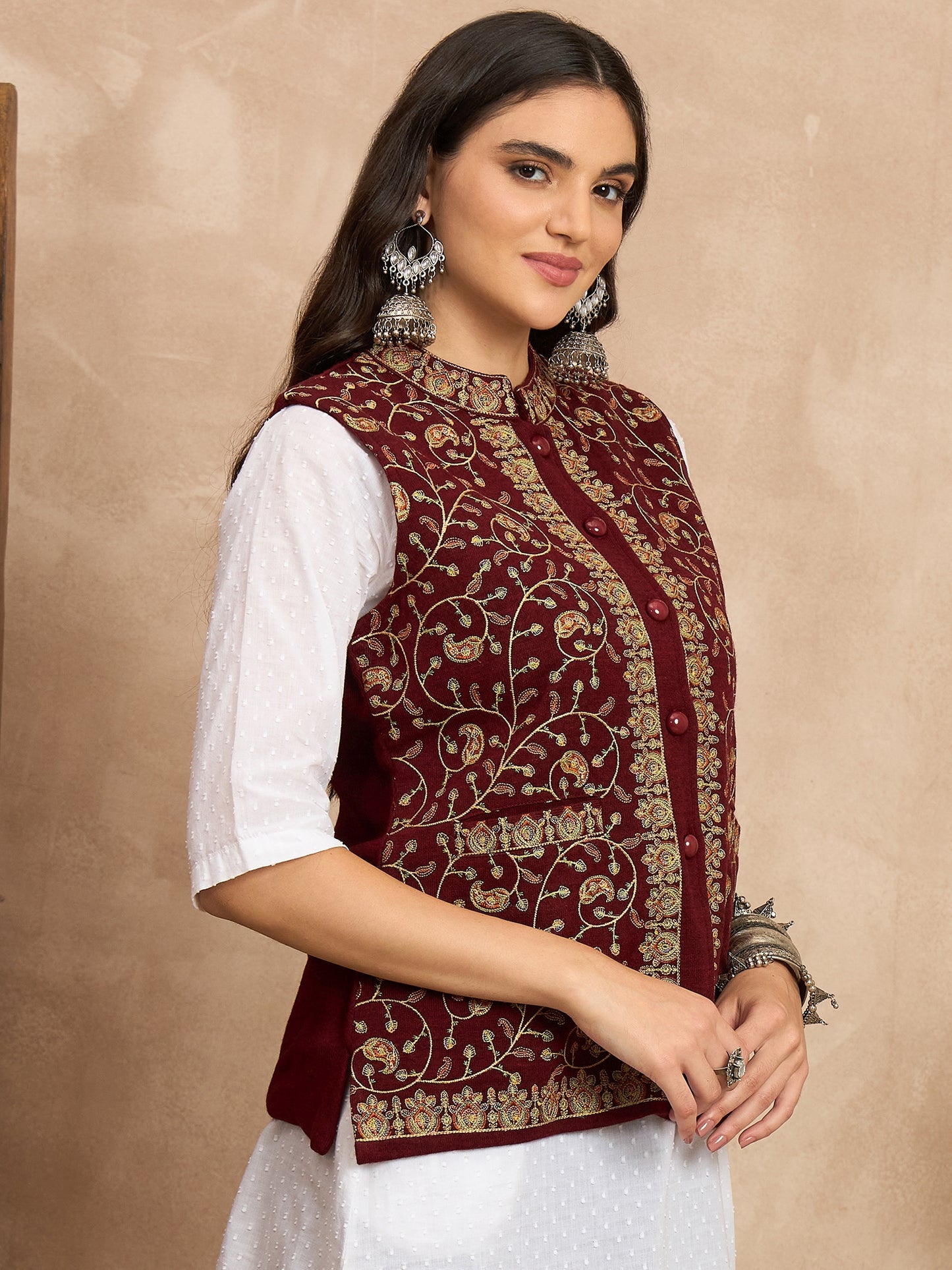 CLAPTON EMBROIDERY SLEEVELESS MEHROON BLAZER FOR WOMEN