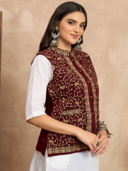 CLAPTON EMBROIDERY SLEEVELESS MEHROON BLAZER FOR WOMEN