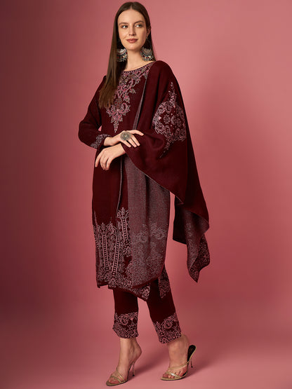 Clapton Embroidered Straight Kurta Pant With Dupatta Set Maroon