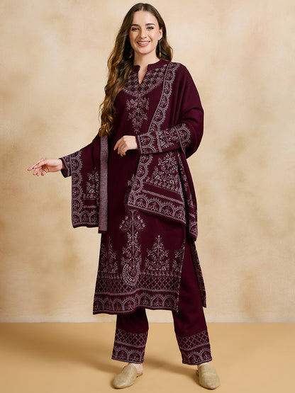 Clapton Embroidered Straight Kurta Pant With Dupatta Set Maroon