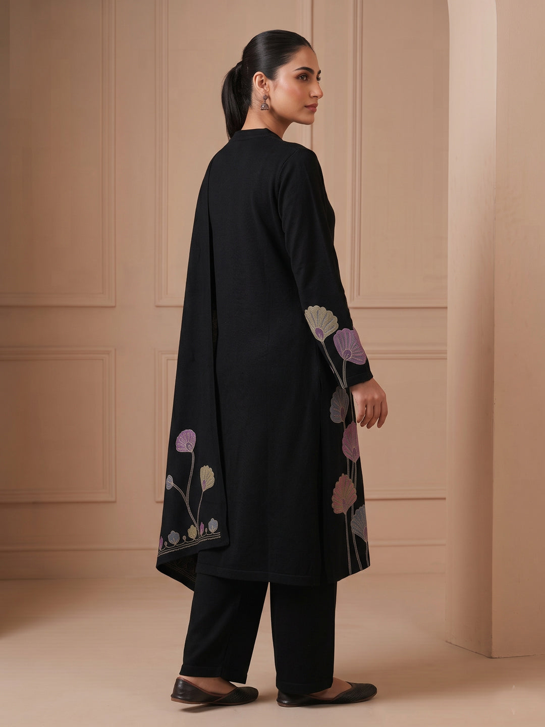 Woolen Embroidered  winter wear Kurti & Pant and Dupatta Set Black