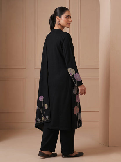 Woolen Embroidered  winter wear Kurti & Pant and Dupatta Set Black