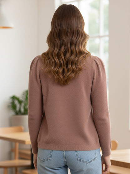 Back view of women's long Cardigans in peach color, showcasing soft hair wool blend, full sleeves, and V neckline.