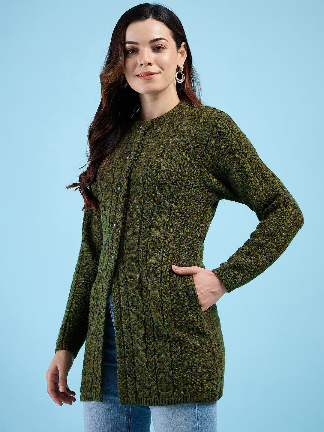 Clapton Cable Knit  Design Woolen  Longline Cardigan Sweater for women and Girls Green