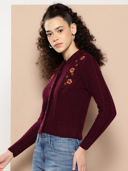 Wool Knit Crop Cardigan With Embroidery