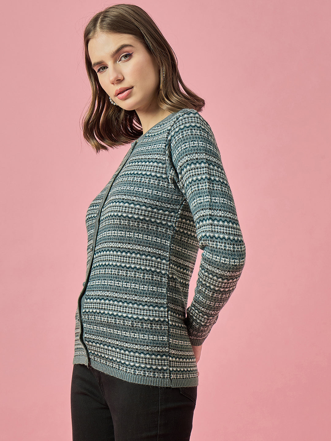 Women Steel Self Striped Round Neck Cardigan