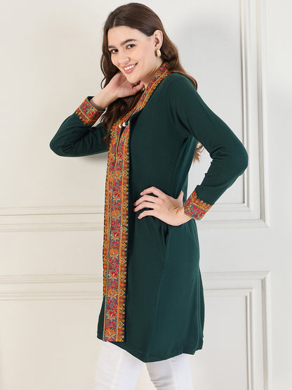 Women's Green Embroidered Sleeves, Floral Pattern, Winter Wear, Open Neck Shrug