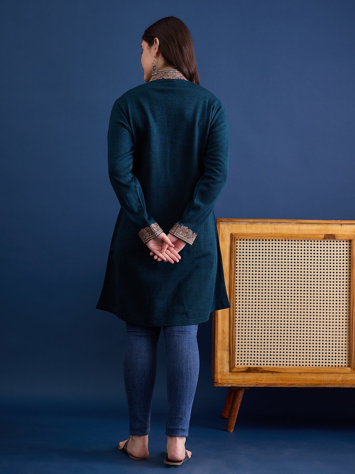 clapton Harbor-Blue Plain Pure Wool Long Jacket from Kashmir with Paisley Aari Embroidery on Border