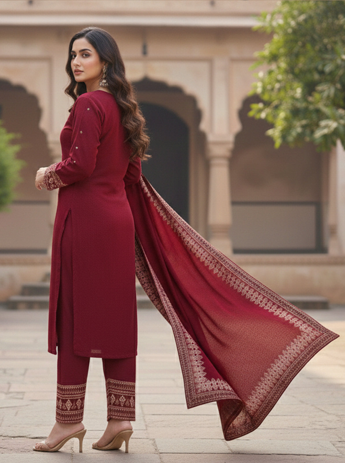 Embroidered wool blends for winter wear Straight-fit kurta with trousers and a dupatta (shawl) Black (Copy)