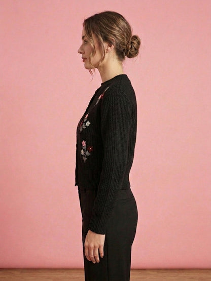 Women'S Black Knit Cardigan With Floral Embroidery, Button-Front, Round Neck, Full Sleeves Black