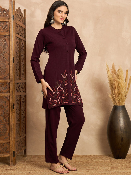 CLAPTON Women’s MAHROON Wool Blend Embroidered Kurti & Pant Set – 2 Piece Winter Wear