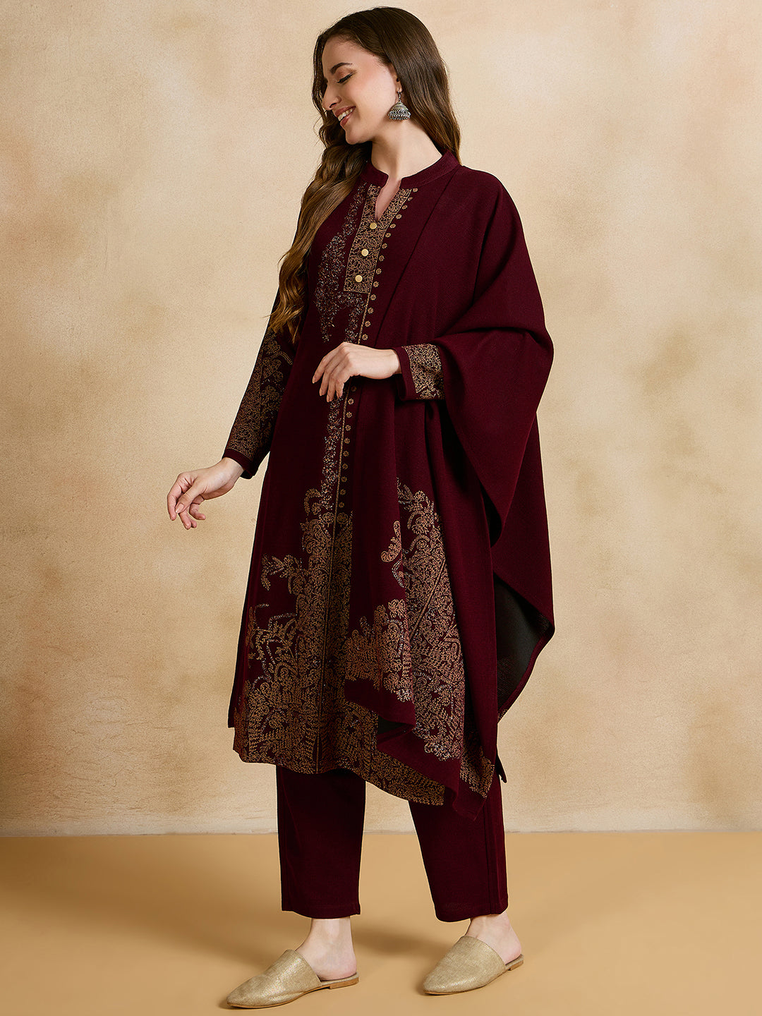 Clapton Embroidered Straight Kurta Pant With Dupatta Set Maroon
