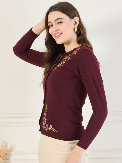 Embroidered Long Sleeves Pure Wool  Cardigan Sweater Maroon