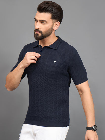 CLAPTON Men Knitted Polo Collar T-shirt  Navy