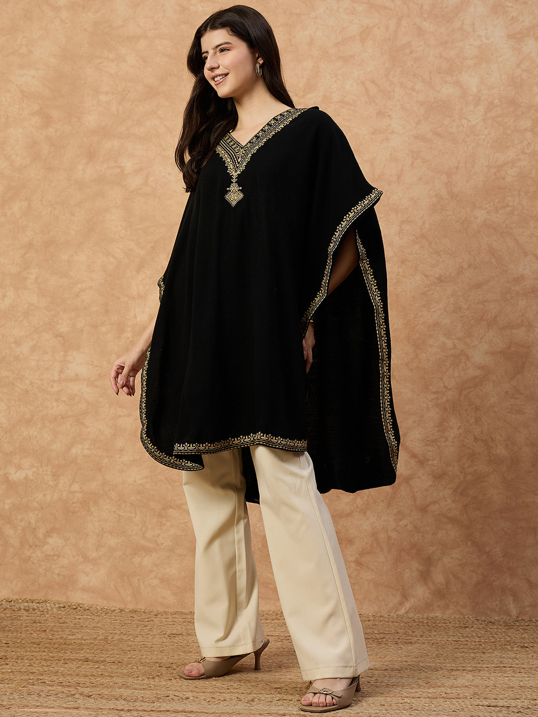 Clapton Women’s Wool Kaftan Kurti –  Black, Golden Embroidery -6201