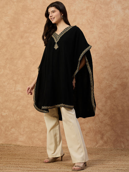 Clapton Women’s Wool Kaftan Kurti –  Black, Golden Embroidery -6201