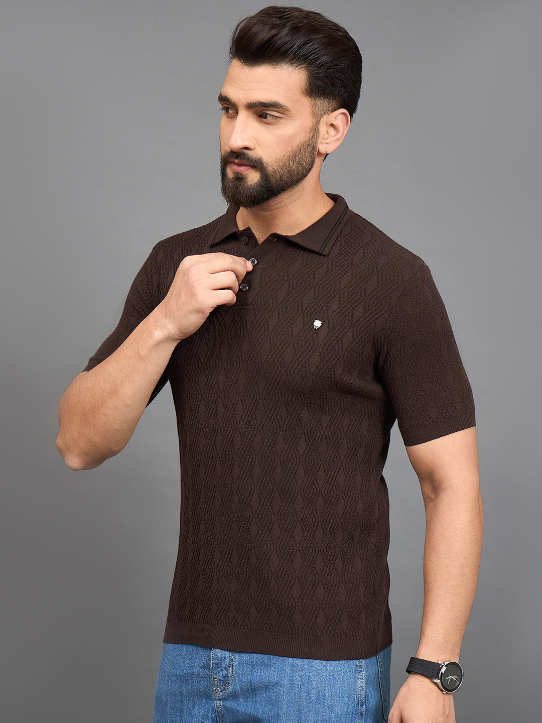 CLAPTON Men Knitted Polo Collar T-shirt  Brown