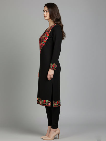 Clapton Black Wolen Winter wear Embroidered Kashmiri Aari Work Kurta (PHERAN)