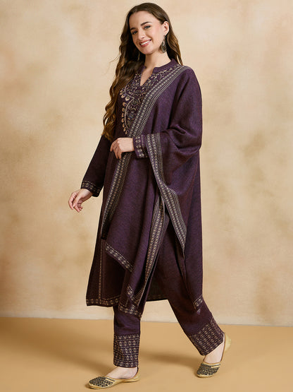 Clapton Embroidered Straight Kurta Pant With Dupatta Set Purple