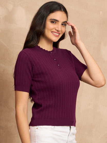Clapton Women Knitted  Round Neck  T-shirt Purple -3105