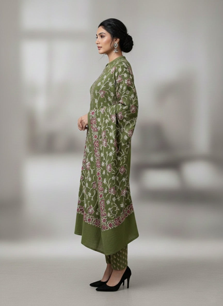 Clapton Embroidered  wool blends for winter wear Straight-fit kurta with trousers and a dupatta (shawl) Green