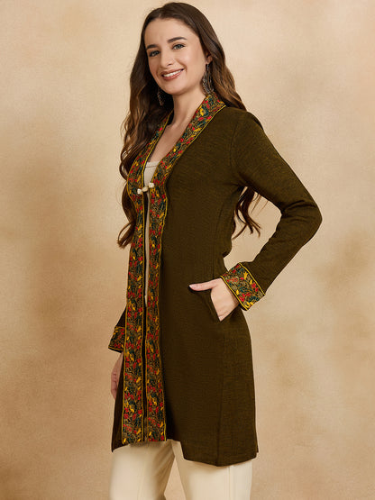 Women's Dark Green Embroidered Sleeves, Floral Pattern, Winter Wear, Open Neck Shrug