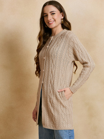 Clapton Cable Knit  Design Woolen  Longline Cardigan Sweater for women and Girls BEIGE