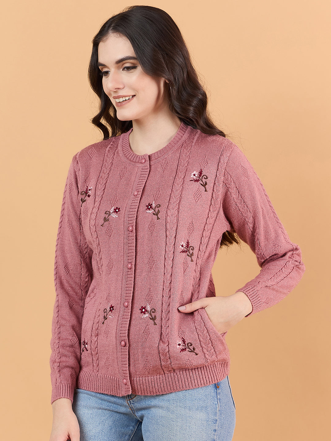 Clapton Floral Embroidered Full  Sleeve Cardigan Sweaters for Women Girls Pink