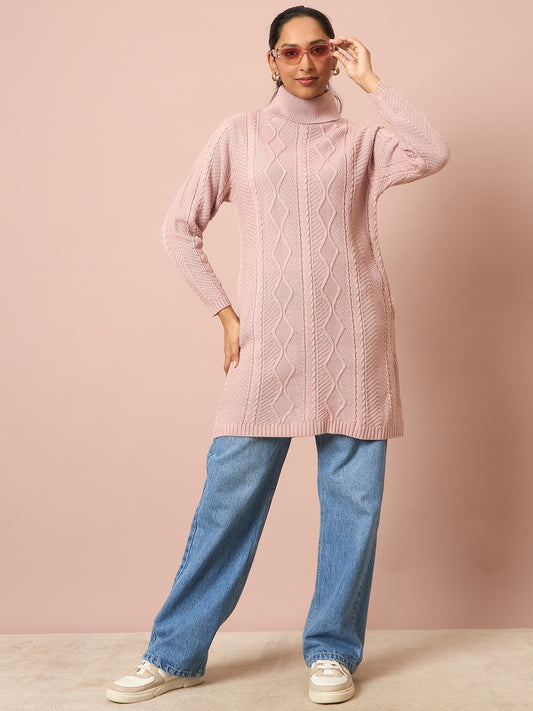 Clapton Cable Knitted  Wool Winter Wear Women’S Long Cardigan Pink
