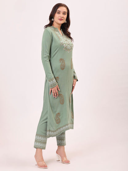 Clapton Pure Wool Winter Wear Embroidered Straight Kurta Pant With Dupatta Set Pista